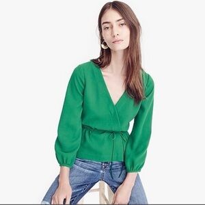 J Crew Drapey Crepe Faux Leather Wrap top in Luminary Green